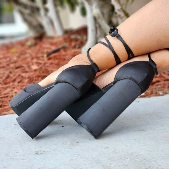 Womens Satin Platform Chunky Lace Up Heels Black Color - Picture 4 of 7